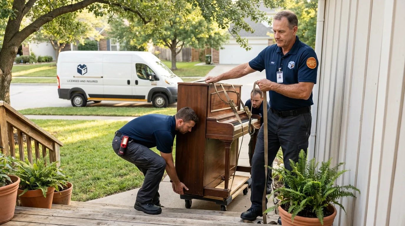 Licensed piano movers securing grand piano in Wathena, KS