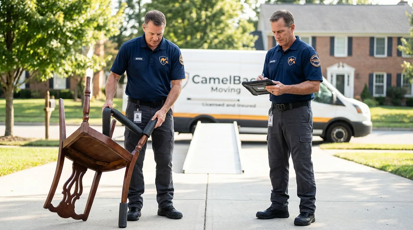 Movers inspecting furniture for damage prevention before loading in Wathena, KS