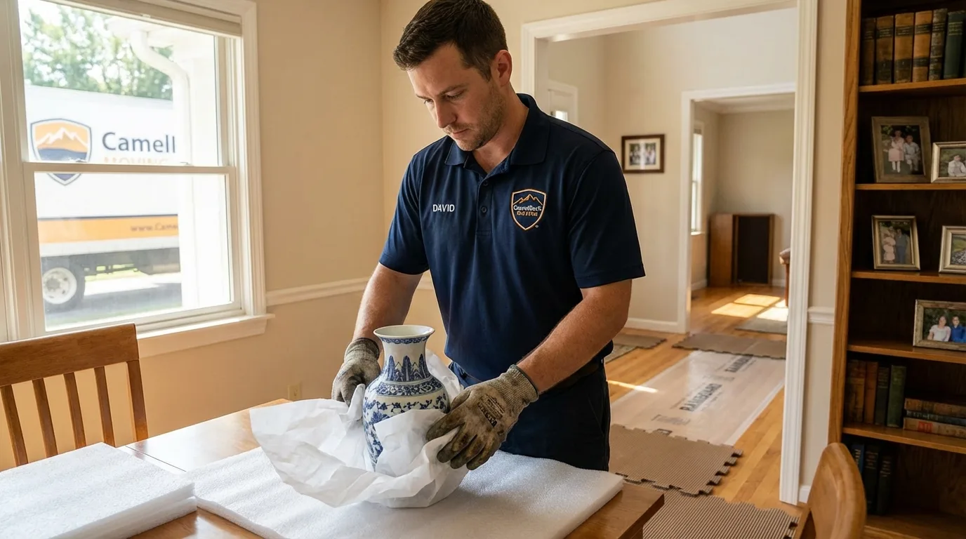 Professional crew carefully wrapping antique vase for senior downsizing move in Wathena, KS